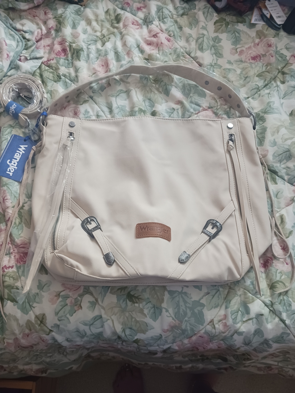 New Wrangler Large Beige Faux Suede Hobo Purse/ Handbag with Buckle and Fringe
